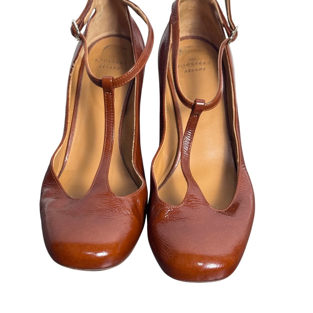 Sezane Mary Jane Brown Patent Leather T-Strap Block Heel Shoes EU40 US 9
